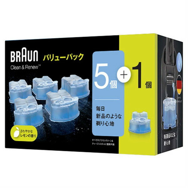 商品説明★ アルコール洗浄システム専用のカートリッジ★ アルコール洗浄液の働きにより、シェーバーヘッドのヒゲくずや皮脂を効率よく取り除きます★ シェーバーの刃に潤滑性を与え、なめらかな剃り味を保ちます★ 5個+1個入スペック* 対応機種：すべてのブラウンアルコール洗浄システム付き製品* 洗浄回数：約30回/洗浄液カートリッジ1個* 交換目安：約8週間