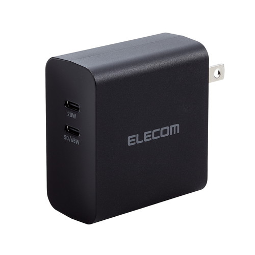 ELECOM ACDC-PD4570BK ノートパソコン 充電器 PD65W Type-C×2 小型 軽量 ブラック