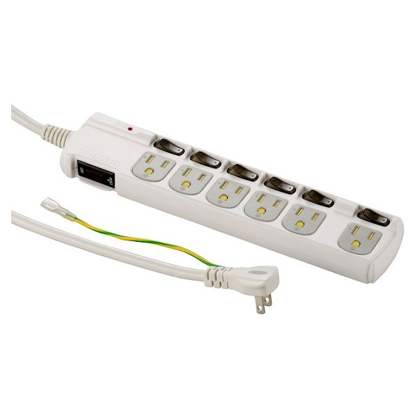 オーム電機 HS-T1259W [電源タップ ブレーカー付 3ピンプラグ対応 アース付 雷ガード 6個口 1.8m]