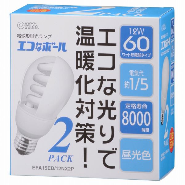 オーム電機 EFA15ED/12NX2P [電球形蛍光灯 E26 60形相当 昼光色 エコなボール 2個入]