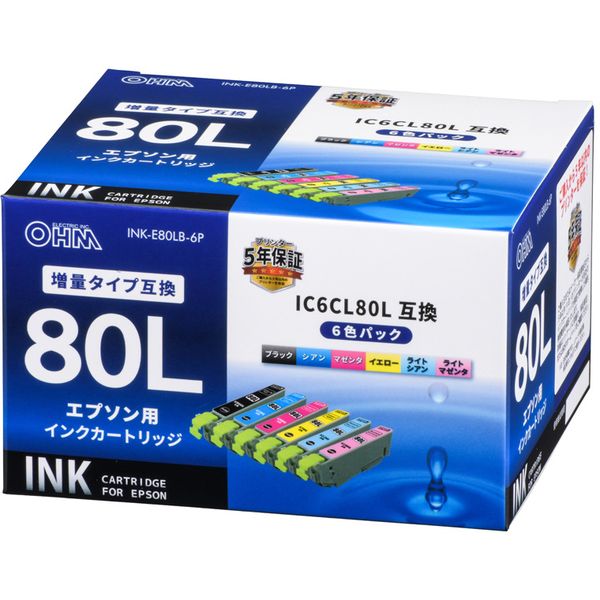 オーム電機 INK-E80LB-6P [エプソン互換 IC6CL80L 染料6色]