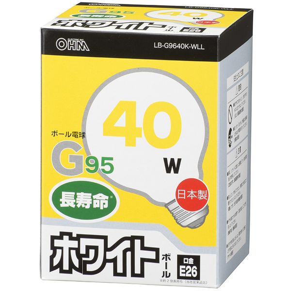 オーム電機 LB-G9640K-WLL [白熱ボール電球 40W E26 G95 ホワイト] 1