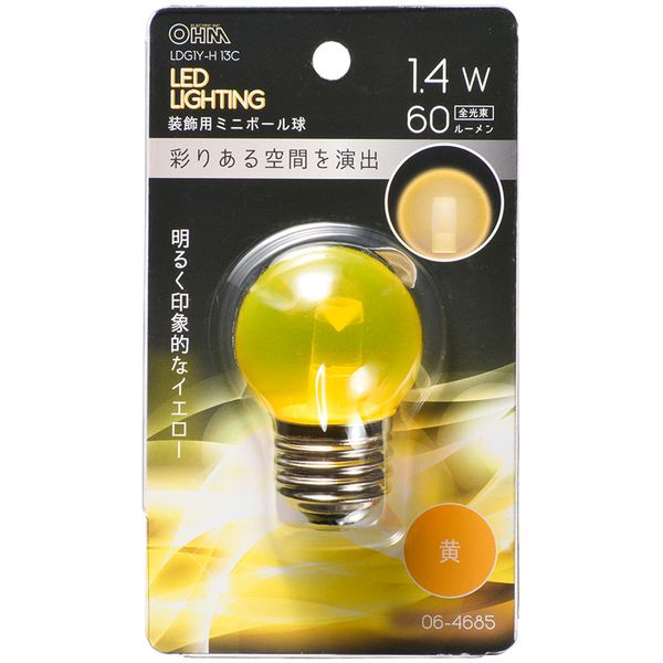 オーム電機 LDG1Y-H 13C [LEDミニボール球 装飾用 G40/E26/1.4W/60lm/クリア黄色]