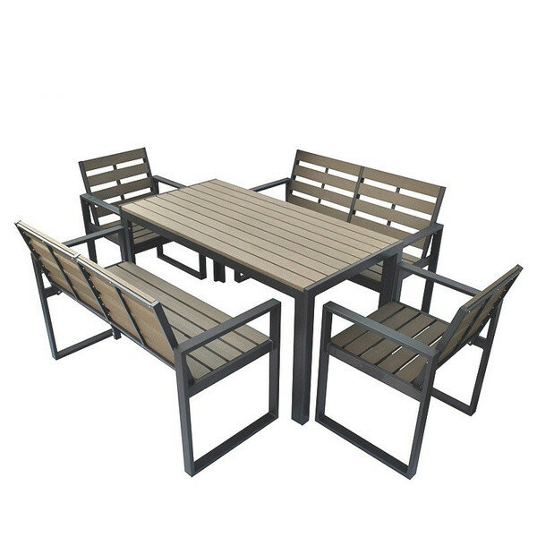 旭興進 aks-28501 [人工木テーブル長方形 人工木チェア2脚 背付ベンチ2台セット] メーカー直送