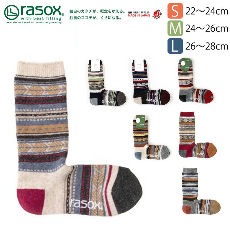 ★期間限定！ポイント15倍対象商品★rasox(ラソックス) 靴下 ソックス ジャガードウール クルー 冷え取りソックス 冷え取り靴下 メンズ レディース 男性用 女性用 日本製 (ca132cr04)【メール便送料無料/コンビニ・代引不可】【ラッピング無料対象】