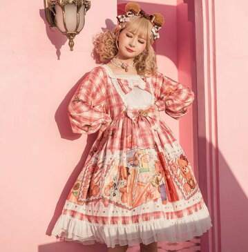 長袖ロリータワンピース チェック柄 ロリータ服 熊柄 可愛いドレス lolita スカラップワンピース 花見 撮影衣装 コスプレ 学園祭 イベント コスチューム プリンセス風ワンピース