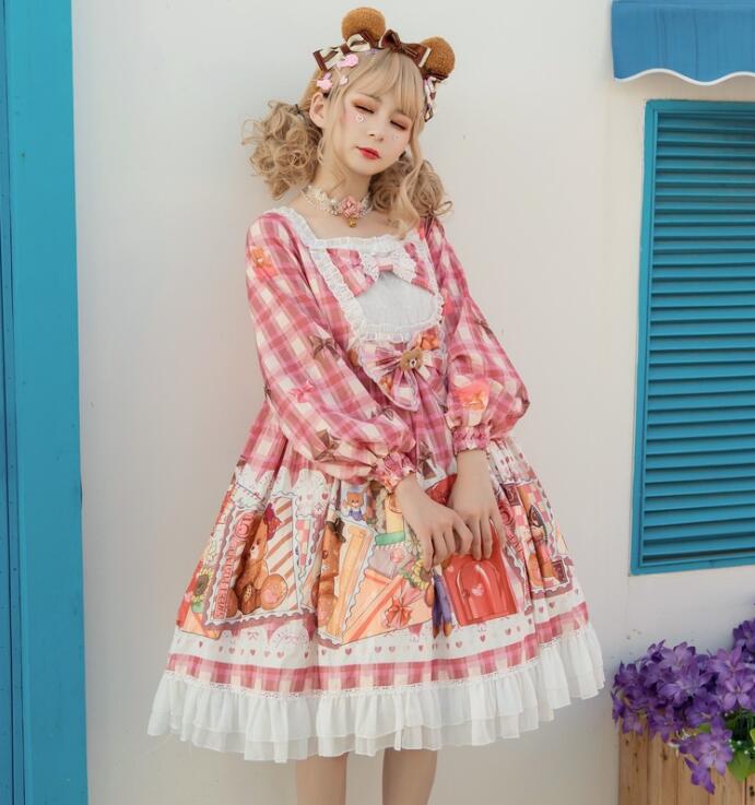 長袖ロリータワンピース チェック柄 ロリータ服 熊柄 可愛いドレス lolita スカラップワンピース 花見 撮影衣装 コスプレ 学園祭 イベント コスチューム プリンセス風ワンピース