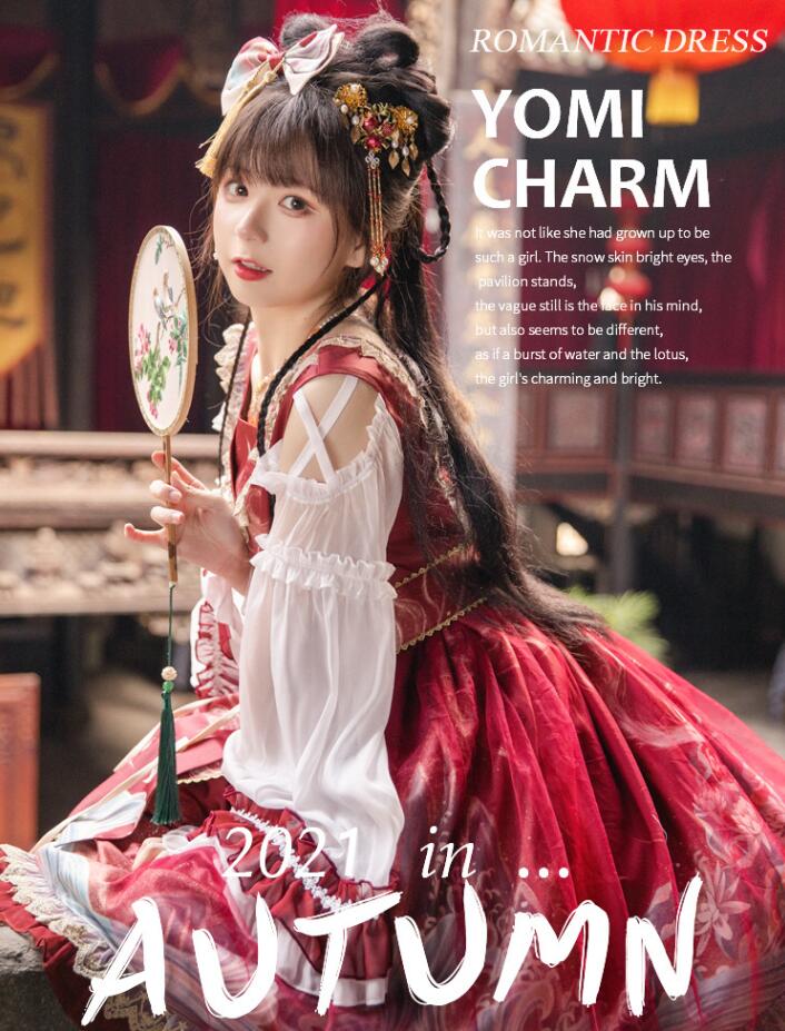 漢風 ロリータ ワンピース 中華風 ロリータ服 長袖ワンピース シフォンフレア袖 可愛いワンピース シースルー ハロウィン コスプレ 学園祭 文化祭 コスチューム 改良版漢服 ワイン ブルー