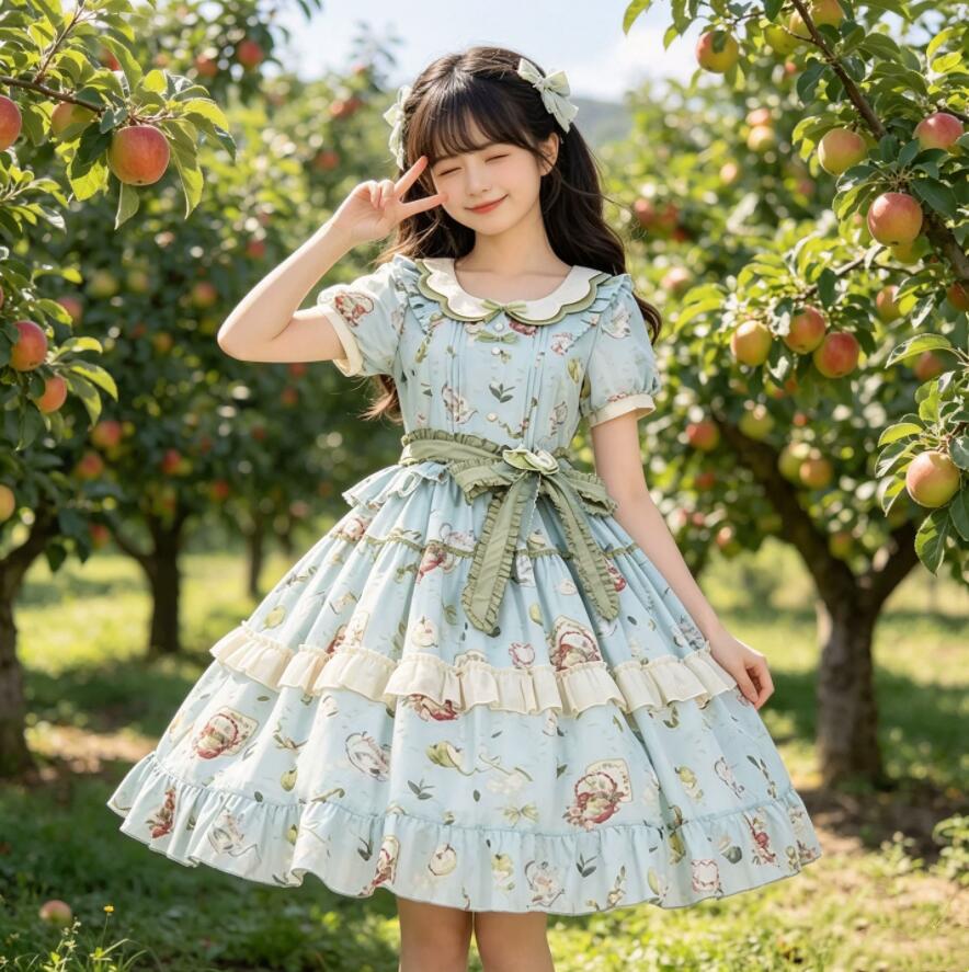 ロリータワンピース 半袖 可愛い ロリータ服 膝丈 ワンピース フレッシュ柄 ラウンドカラー 大きいサイズあろ ロリータワンピース 学園祭 文化祭 撮影衣装 ダンス衣装 コスプレ 衣装