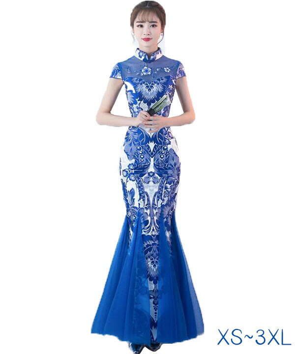 二次会ドレス パーティードレス チャイナドレス ロング 大きいサイズ スリムライン マーメイド 人魚ドレス エスニック 花柄 中華風ドレス レース透かし彫り スプライス 結婚式 披露宴 お色直し チャイナ服 文化祭 XS-3XL