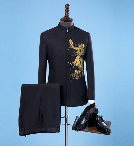 送料無料 中華風スーツ メンズ 唐装 メンズスーツセット フォーマルスーツ 上下2点セット 合唱団体服 卒業式 文化祭 学園祭 イベント 舞台演出服 ステージ衣装 チャイナスーツ 龍のパターン 4色 S-XXL