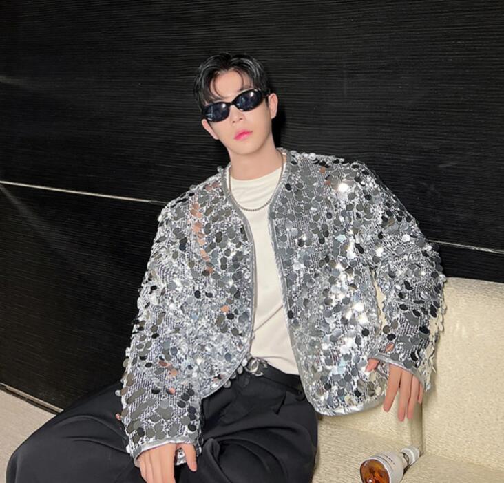 メンズ舞台演出服コート スパンコール ジャケット キラキラ 男性 舞台演出服 歌手 バー カラオケ ジャズダンス ステージ レザー ジャケット シルバー ブラック スパンコールコート