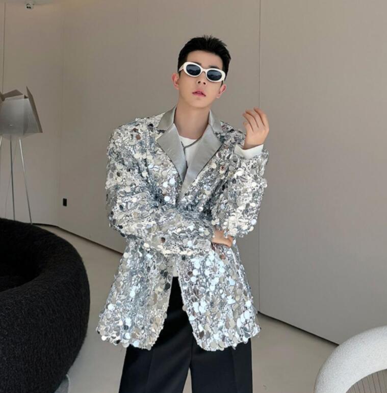 メンズ舞台演出服コート スパンコール ジャケット キラキラ 男性 舞台演出服 歌手 バー カラオケ ジャズダンス ステージ レザー ジャケット シルバー ブラック スパンコールコート
