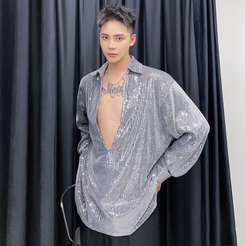 メンズ ダンス衣装 スパンコールシャツ 男性 Vネック セクシー 舞台演出服 ゆったり ボタンなし スパンコールシャツ ジャズダンス ヒップホップダンス 歌手 キラキラ スパンコール シャツ メンズ パーティー衣装 かっこいい ステージ衣装