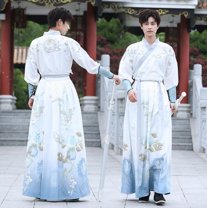 唐装漢服 華流 コスチューム 漢服 メンズコスプレ衣装 刺繍柄 グラデーション 漢服 ハロウィン 文化祭 学園祭 イベント 変身仮装 古代 美男子 衣装 メンズ漢服 ブルー