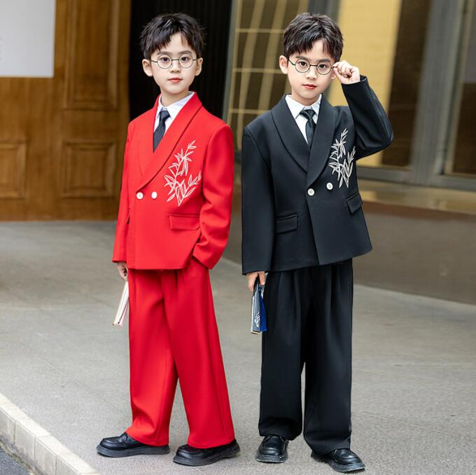 キッズ フォーマルスーツ 子供 中華風 スーツ 竹柄刺繍 男の子春秋冬スーツ 子供 ジャケット 結婚式 紳士服 入学式 卒業式 お試験 礼服 ピアノ 発表会 演...