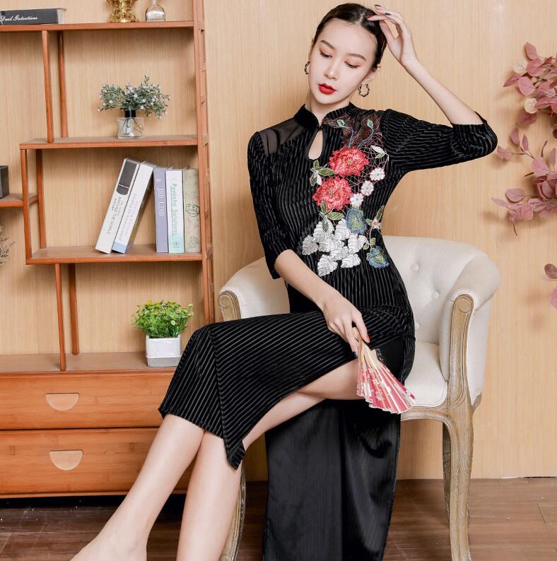 チャイナドレス 刺繍花柄 レディース 古典ダンス衣装 タイトドレス スリット入り ミモレ丈 レース シー..