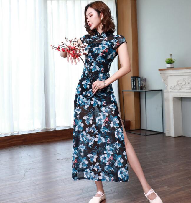 半袖チャイナドレス ロング丈 チーパオ スリット 細身ドレス 女性 古典ダンス衣装 エスニック 中華服 ..