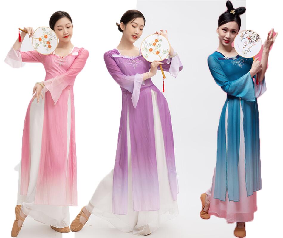 レディース 中華服 漢風 舞台演出服 古典ダンス衣装 傘ダンス 扇子ダンス ロング丈 フレア袖ドレス ガウチョパンツ 単品セット選択可 学園祭 文化祭 コスチューム チャイナ服 3色