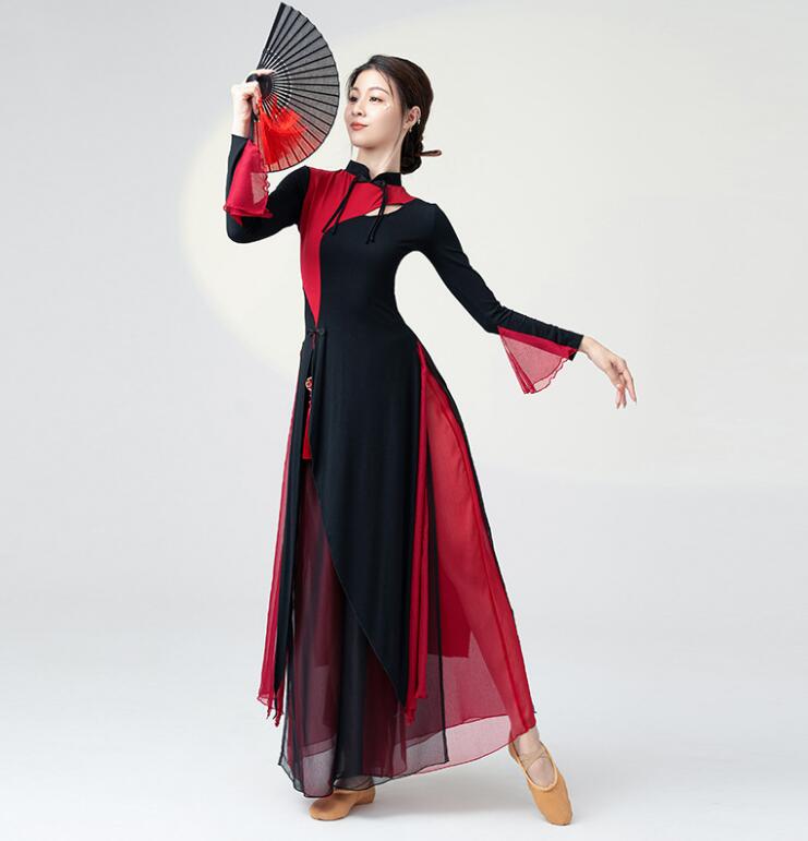 女性 エスニックダンス衣装 チャイナ服 古典ダンス衣装 ペンダント付き フレア袖 チャイナドレス シフォン ガウチョパンツ 民族風 演出服 文化祭 イベント 発表会 ステージ衣装