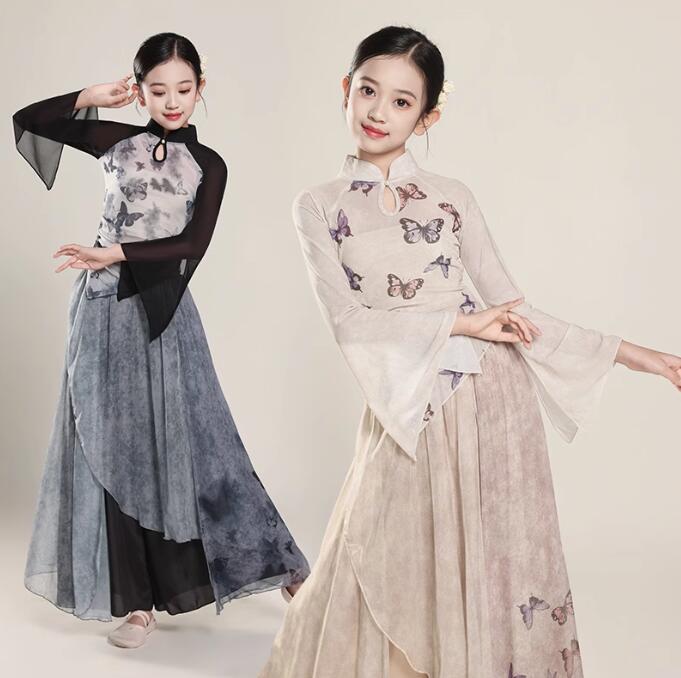 子供 古典ダンス 演出服 中華風ダンス衣装 3点セット エスニック 演出服 蝶柄 フレア袖チャイナ服 ガウチョパンツ イレギュラー裾 スカーパン 女の子 民族風 ダンス衣装 文化祭 学園祭 ステージ衣装