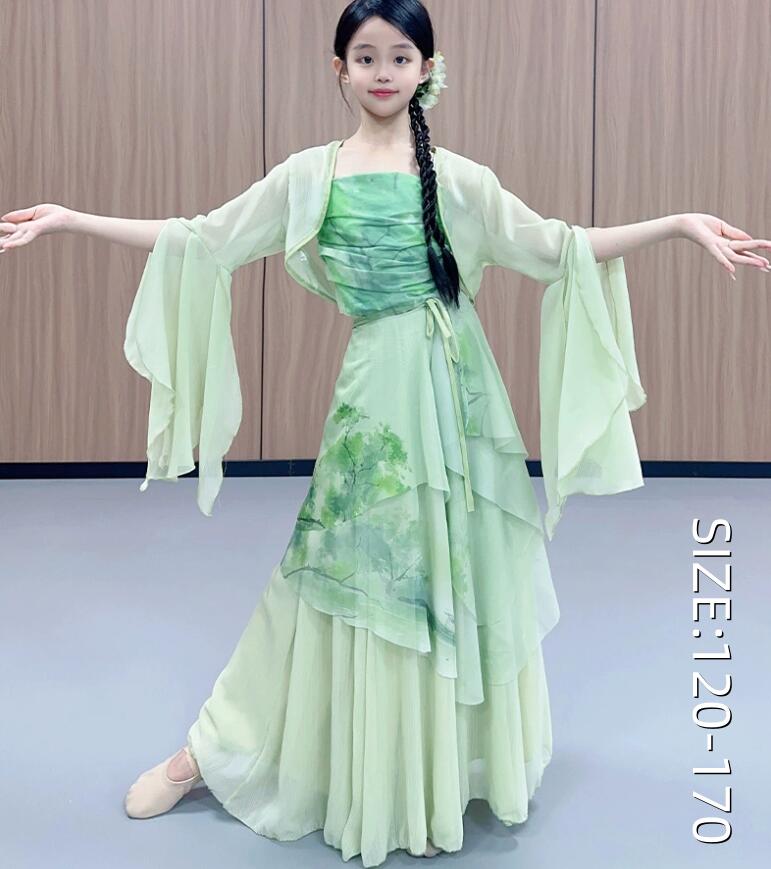 Rakuten - 女の子 古典ダンス 演出服 4点セット 子供 中華風ダンス衣装 エスニック フレア袖 チャイナ服 ひらひら スカート 古風 民族風 ダンス衣装 学園祭 文化祭 舞台 ステージ衣装 グリーン