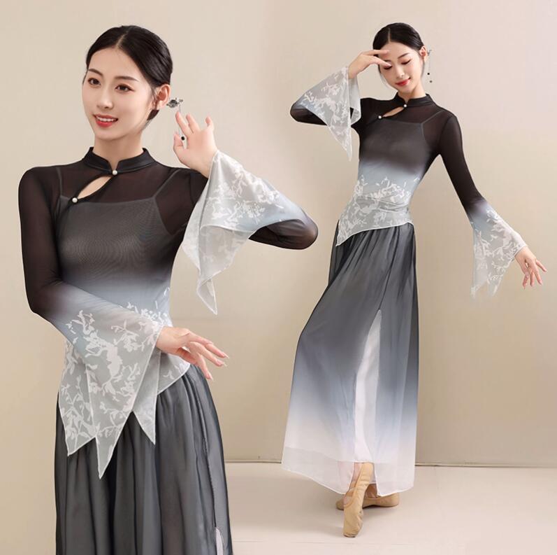 レディース 古典ダンス 衣装 女性 大人 中華風ダンス衣装 エスニック グラデーション チュール チャイナ服 ひらひら スカーパン ガウチョパンツ 古風 民族風 ダンス衣装 学園祭 文化祭 演出服