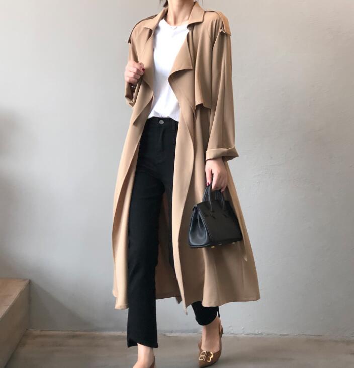 レディーストレンチコート ロング丈 スプリングコート ベーシックコート ロング ジャケット 春コート 秋コート ミモレ アウター ベーシック ジャケット ノーボタンコート ベルト付き 美シルエット 黒 カーキ