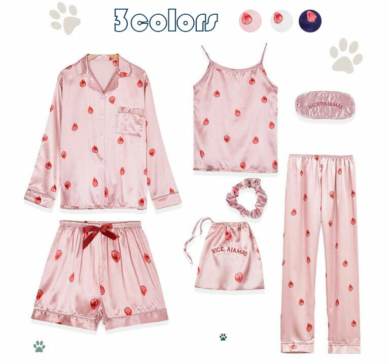 レディースパジャマ ルームウェア セットアップ 7点セット 苺柄 可愛いパターン サテン調 女性用 春夏..