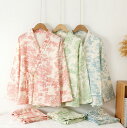 レディース パジャマ 長袖 ルームウェア 日系 和服風 パジャマ トップス+長ズボン 2点セット 可愛いパジャマ 薄手 ガーゼ 部屋着 綿パジャマ 肌に優しい ...