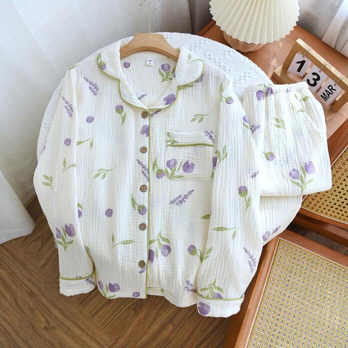 レディース長袖パジャマ 綿100％ ルームウェア 女性 コットンパジャマ チューリップ柄 春夏秋 部屋着 パジャマ レディースルームウェア ガーゼ 肌に優しい ナイトウェア