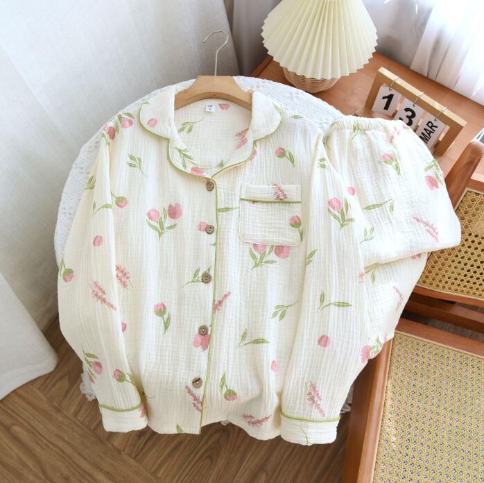 レディース長袖パジャマ 綿100％ ルームウェア 女性 コットンパジャマ チューリップ柄 春夏秋 部屋着 パジャマ レディースルームウェア ガーゼ 肌に優しい ナイトウェア