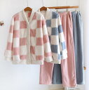 レディース 秋冬 パジャマ 上下セット 厚手 ふわふわ ルームウェア 起毛 もこもこ コート+パンツ 部屋着 可愛い チェック柄 暖かい ルームウェア 3色