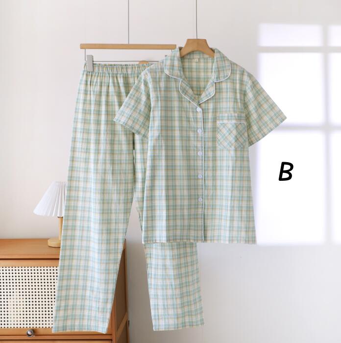 ペアルック パジャマ 夏 半袖パジャマ 綿100％ カップル ルームウェア コットンパジャマ ルームウェア 夏 部屋着 チェック柄 レディースパジャマ メンズパジャマ 半袖＋長ズボン 部屋着
