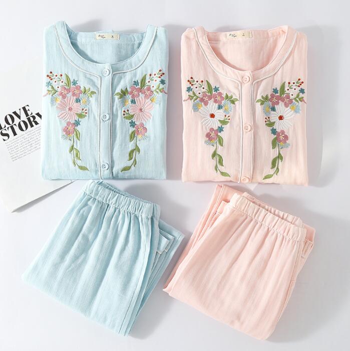 レディース パジャマ 春夏秋 コットンパジャマ 花の刺繍 部屋着 薄手 長袖＋長ズボン 部屋着 ノーカラー ルームウェア 可愛い パジャマ 寝巻き 綿パジャマ 通気 肌に優しい