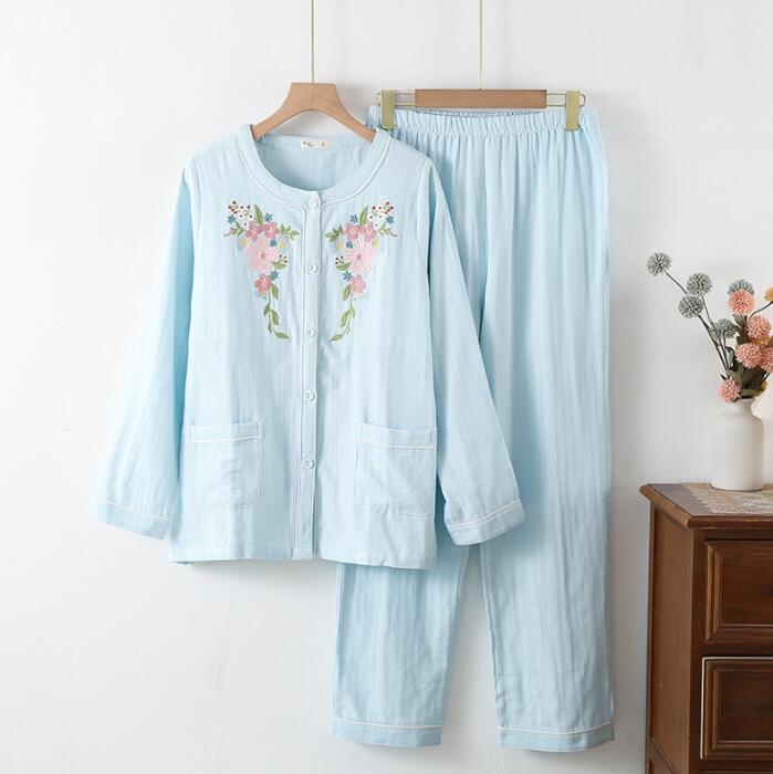 レディース パジャマ 春夏秋 コットンパジャマ 花の刺繍 部屋着 薄手 長袖＋長ズボン 部屋着 ノーカラー ルームウェア 可愛い パジャマ 寝巻き 綿パジャマ 通気 肌に優しい