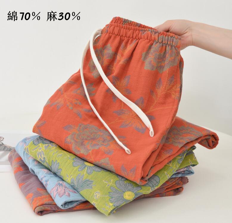 レディース 綿麻パンツ 花柄 コットンパンツ リネンパンツ ルームウェア 長ズボン 女性 部屋着 綿70％ ..