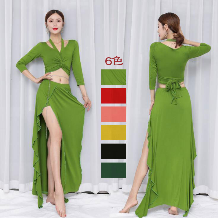 レディース ベリーダンスウェア ベリーダンス衣装 へそ出しダンストップス マキシ丈ダンススカート レッスン着 モダール生地 上下セット ステージ衣装 練習着 舞...