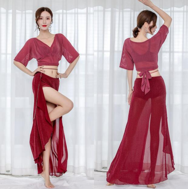 ベリーダンスウェア belly dance ベリーダンス衣装 上下セット レディース へそ出しダンストップス すけすけ 見せパン付き ダンス練習着 ステージ衣装...