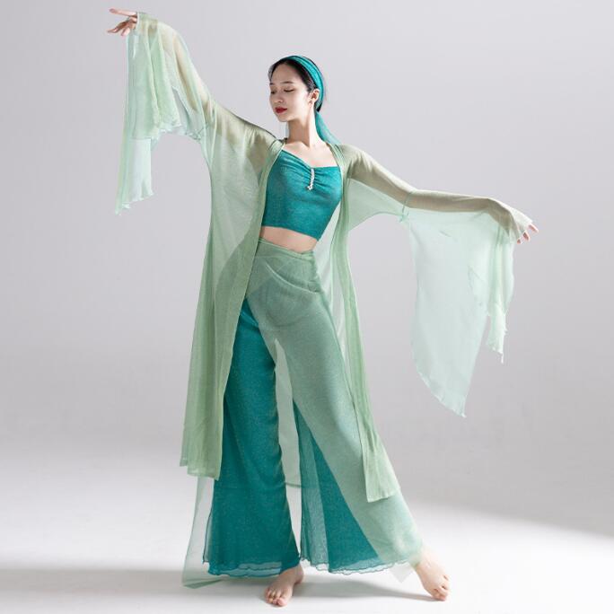 古典ダンス衣装 パンツセット 古風 漢風 中華風 演出服 4点セット インナー+カーディガン+パンツ+ヘアバンド フレア袖 ガウチョパンツ ダンスパンツ 古風演...
