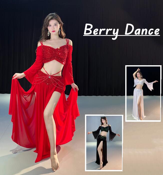 ベリーダンス衣装 ベリー 演出服 スパンコール付き キラキラ スカートセット フレア袖 へそ出しTシャツ スリット入り ベリー レッスン着 練習着 舞台衣装 ダ...