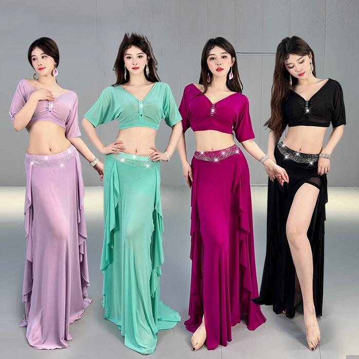 ベリーダンス 衣装 大人 ベリー ドレス 上下セット 半袖 へそ出しトップス ロング丈スカート スリット入り ベリー演出服 見せパン付き 女性 大人 ダンス衣装...