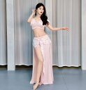 ベリーダンス 演出服 レッスン着 女性 大人 ベリー ダンス衣装 Vネック 花柄 トップス ロングスカート スリット入り ベリースカート 見せパン付き ベリーダンス 演出服 練功服 練習着 ピンク