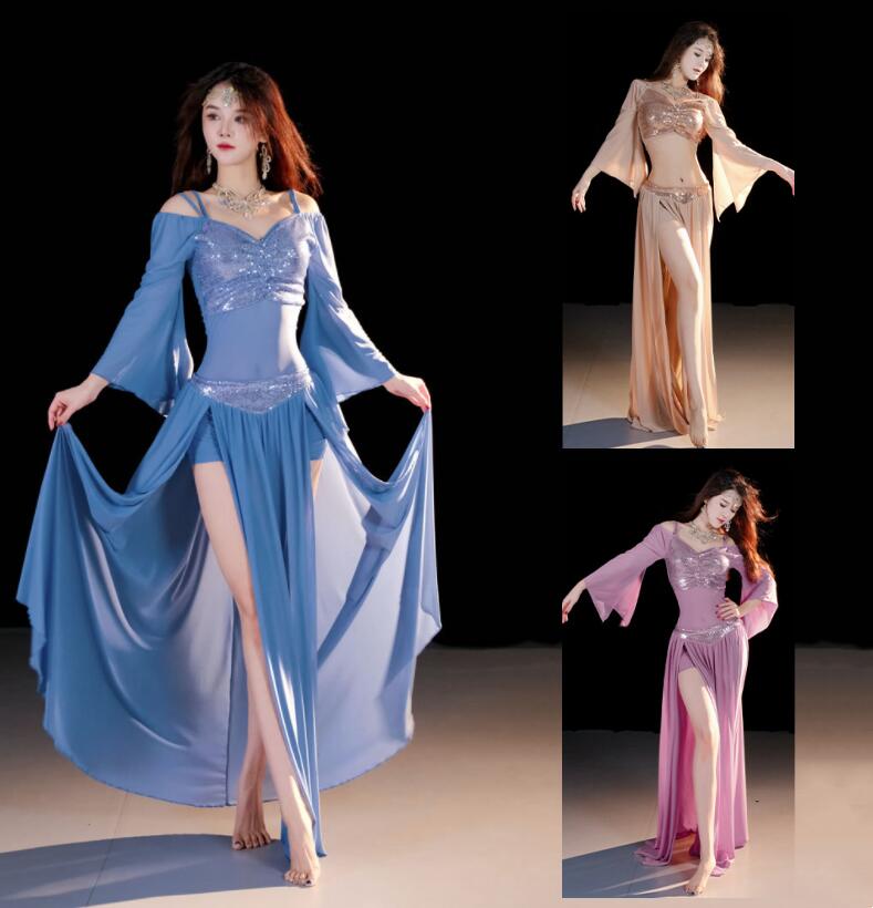 大人 ベリーダンス 演出服 スパンコール付き フレア袖 トップス ベリー ダンス衣装 ロングスカート スリット入り ベリースカート 見せパン付き ベリーダンス ...