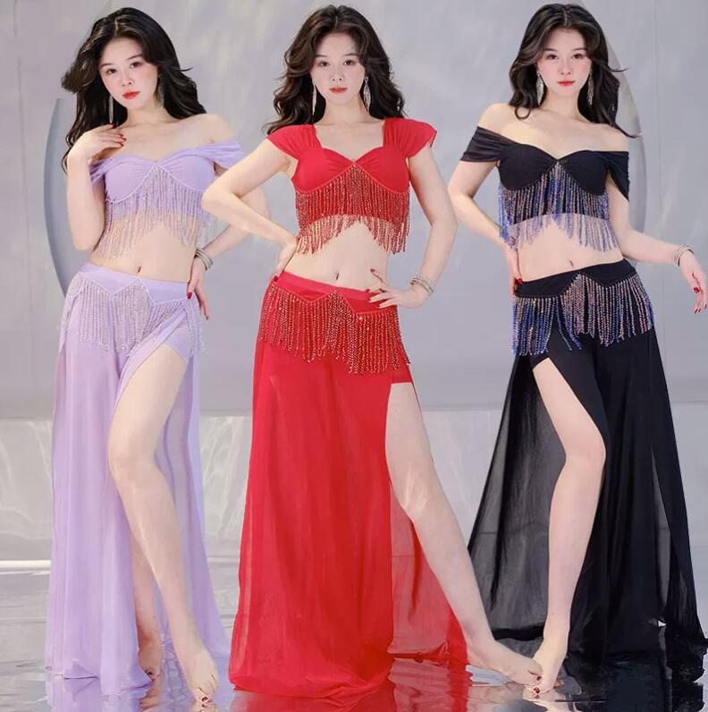 ベリーダンス衣装 見せパン付き フリンジ付き ベリー 演出服 へそ出し スリット入り スカート ベリー レッスン着 練習着 舞台衣装 ダンス教室 ダンス団体服 ステージ 演出服