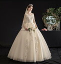 ウェディングドレス シャンパン色 wedding dress フレアレース袖 マキシ丈 プリンセス風 パーティードレス 刺繍花柄 お呼ばれ 披露宴 結婚式 ブラ...