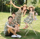 親子ペア アロハ ペアルック カップル セットアップ 家族お揃い衣装 上下2点セット Tシャツ+半ズボン キャミソールドレス 木の葉花柄 ママ パパ 息子 娘 ...