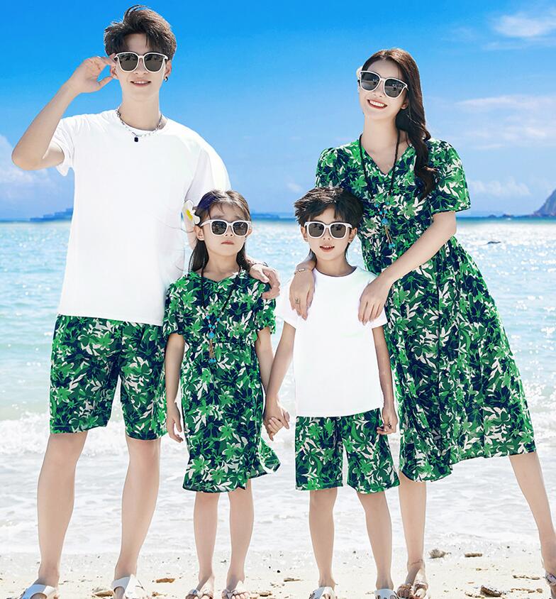 親子ペア 夏服 海旅行 衣装 アロハシャツ 木の葉柄 半袖ドレス カップル プレゼン...