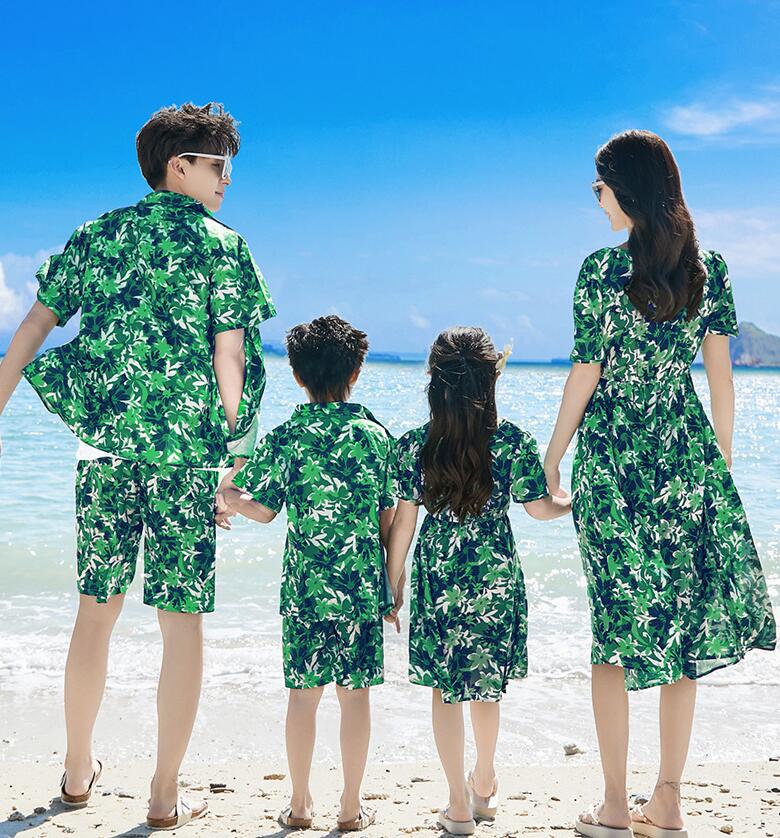 親子ペア 夏服 海旅行 衣装 アロハシャツ 木の葉柄 半袖ドレス カップル プレゼン...
