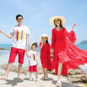 親子ペア 衣装 カップル 夏服 ハワイ旅行 アロハ ロング丈 シフォン ドレス フレア袖 Tシャツ+半ズボン 親子コーデ ビーチドレス 家族お揃い衣装 新婚旅行 親子 ペアルック 親子コーデ 夏服 家族活動 レッド